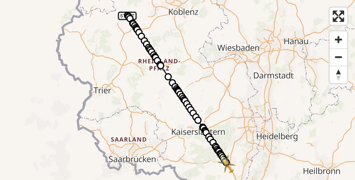 Flugroute Ambulanzhubschrauber Nürburgring Heliport - Landau in der Pfalz, 02 März 2026, 14:34