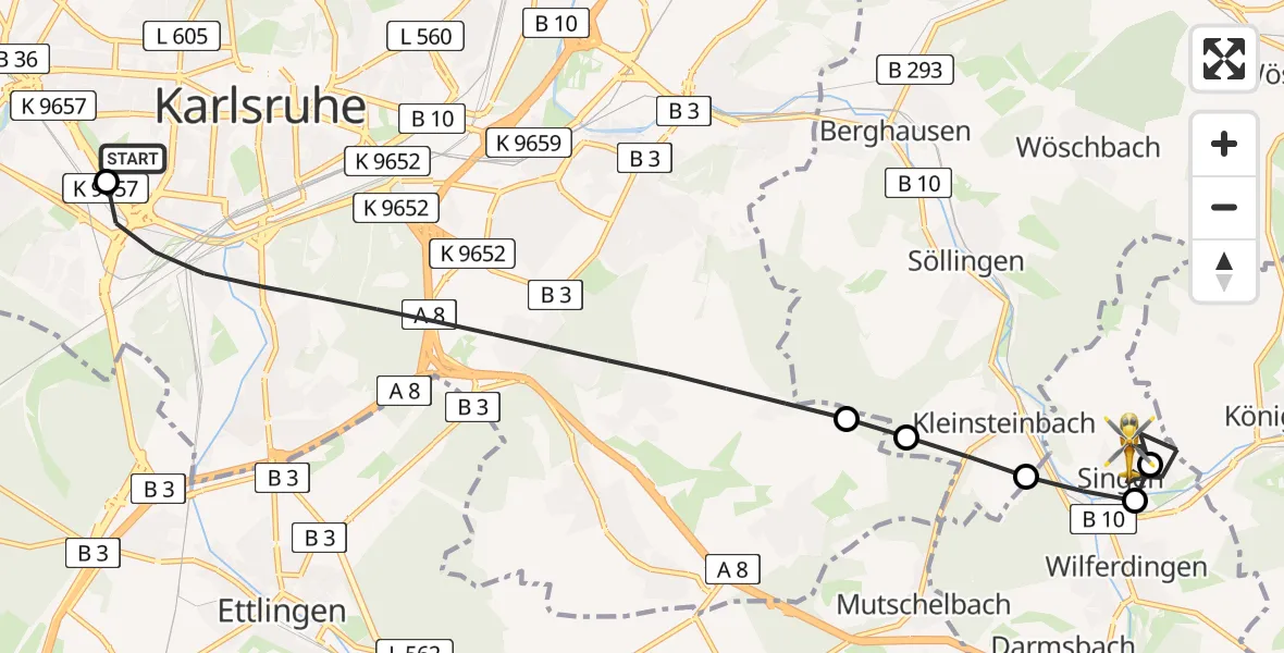 Flugroute Rettungshubschrauber Sankt Vincentius Hospital Heliport - Singen, 02 März 2026, 14:34