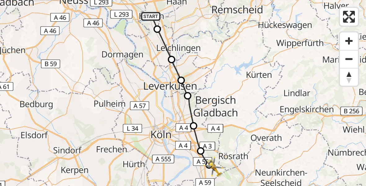 Flugroute Rettungshubschrauber Hilden - Cologne Bonn Airport, 02 März 2026, 14:38