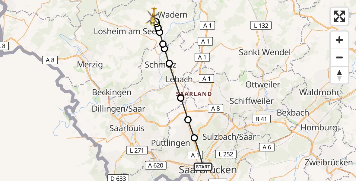 Flugroute Rettungshubschrauber Saarbrücken - Weiskirchen, 02 März 2026, 14:45