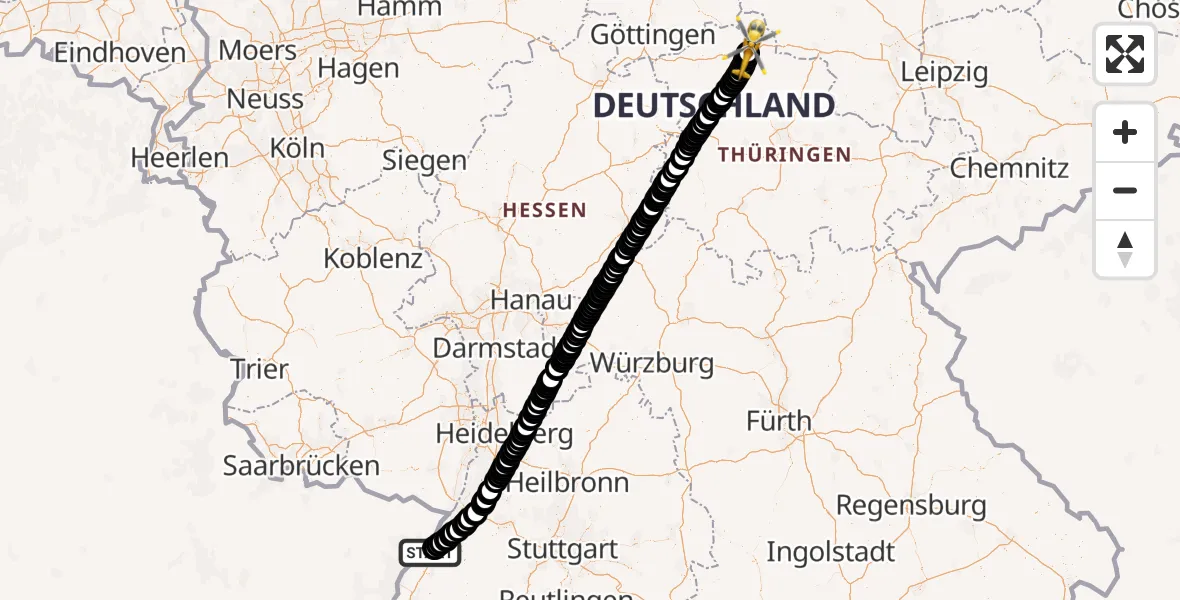 Flugroute Rettungshubschrauber Karlsruhe Baden-Baden Airport - Nohra, 02 März 2026, 15:07
