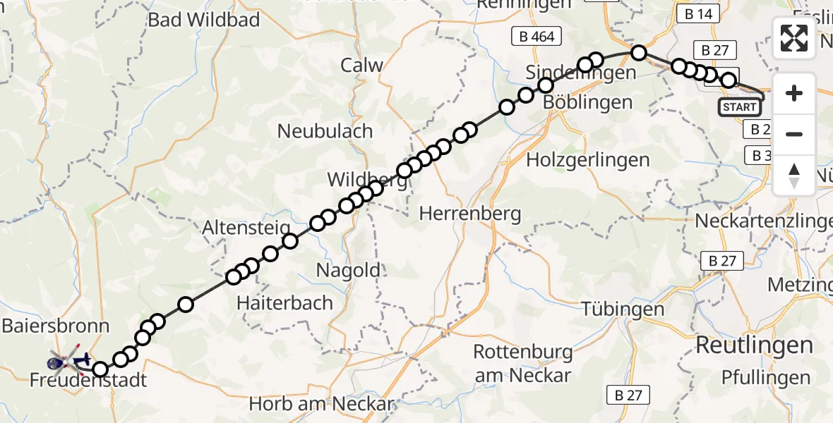 Flugroute Polizeihubschrauber Stuttgart Airport - Freudenstadt, 02 März 2026, 15:09