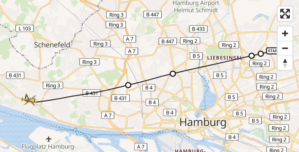Flugroute Rettungshubschrauber Hamburg Military Hospital Helipad - Altona, 02 März 2026, 15:13