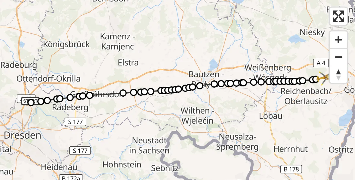 Flugroute Rettungshubschrauber Dresden Airport - Königshain, 02 März 2026, 15:14