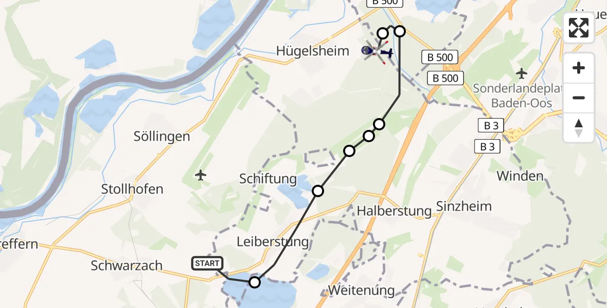 Routekaart van de vlucht: Polizeihubschrauber nach Hügelsheim, Römerbrückenweg