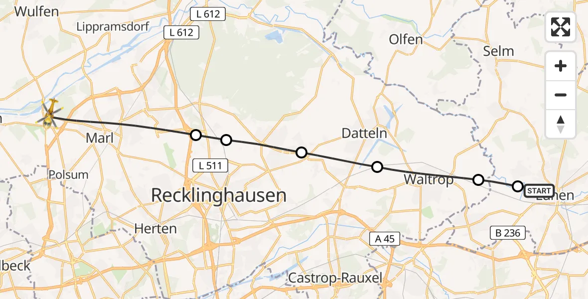 Flugroute Rettungshubschrauber Lünen-Lippeweiden Glider Field - Marl, 02 März 2026, 15:21