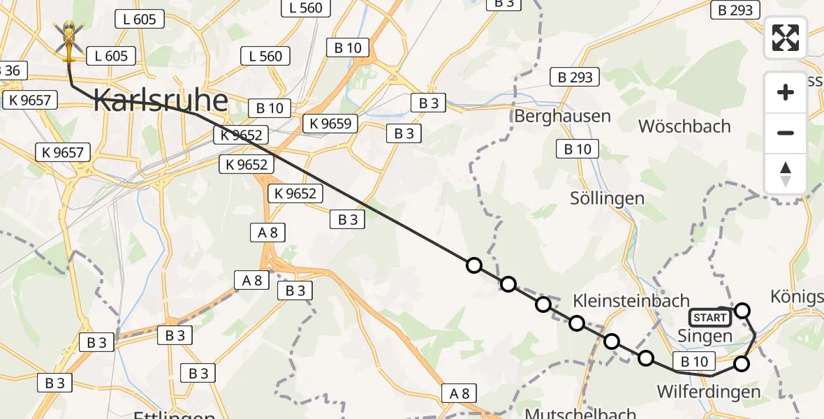Flugroute Rettungshubschrauber Singen - Karlsruhe, 02 März 2026, 15:28