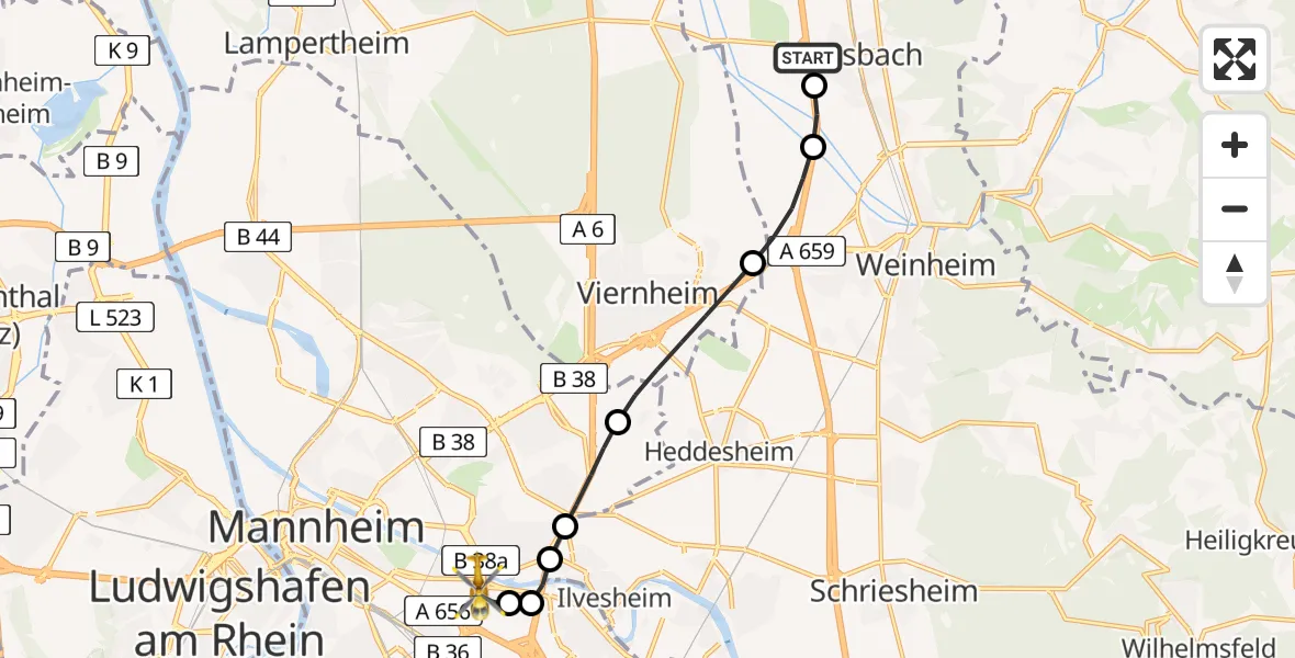 Routekaart van de vlucht: Rettungshubschrauber nach Mannheim-City Airport