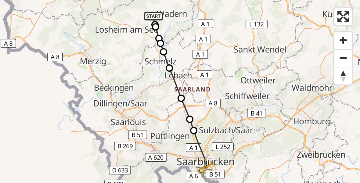 Flugroute Rettungshubschrauber Weiskirchen - Saarbrücken, 02 März 2026, 15:43