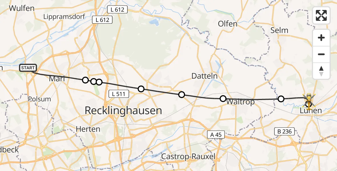 Flugroute Rettungshubschrauber Marl - Lünen, 02 März 2026, 15:53