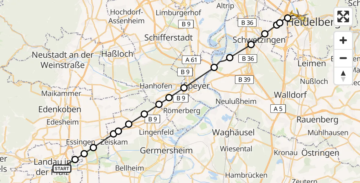 Flugroute Ambulanzhubschrauber Landau in der Pfalz - Heidelberg, 02 März 2026, 15:54