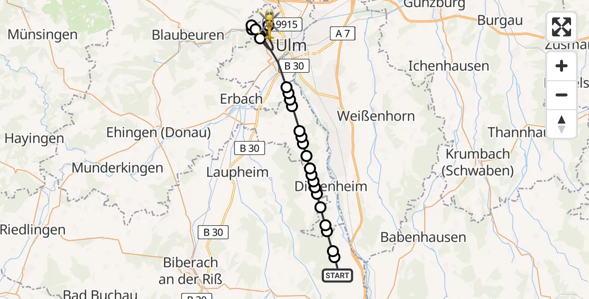 Routekaart van de vlucht: Rettungshubschrauber nach Ulm Military Hospital Emergency Heliport
