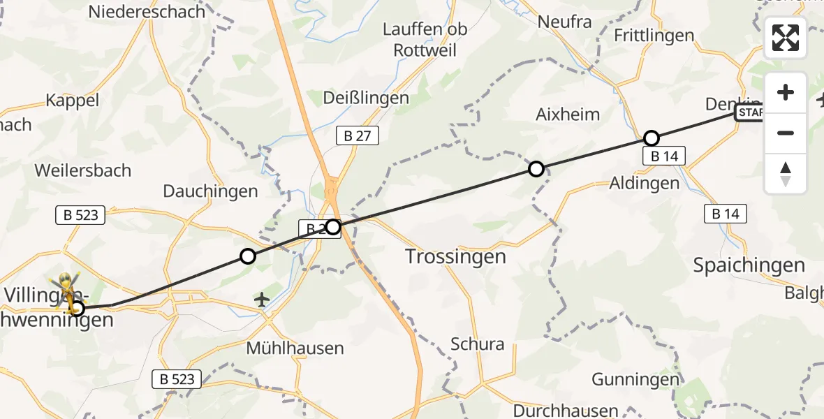 Flugroute Rettungshubschrauber Denkingen - DRF Air Rescue Station Villingen-Schwenningen Heliport (Christoph 11), 02 März 2026, 16:05