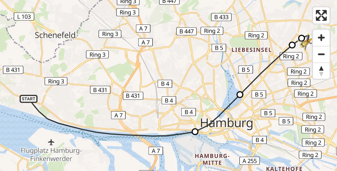 Flugroute Rettungshubschrauber Altona - Hamburg Military Hospital Helipad, 02 März 2026, 16:06