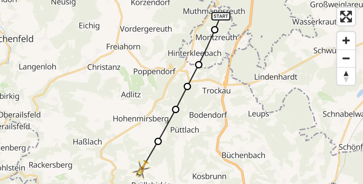 Flugroute Rettungshubschrauber Muthmannsreuth - Prüllsbirkig, 02 März 2026, 16:08