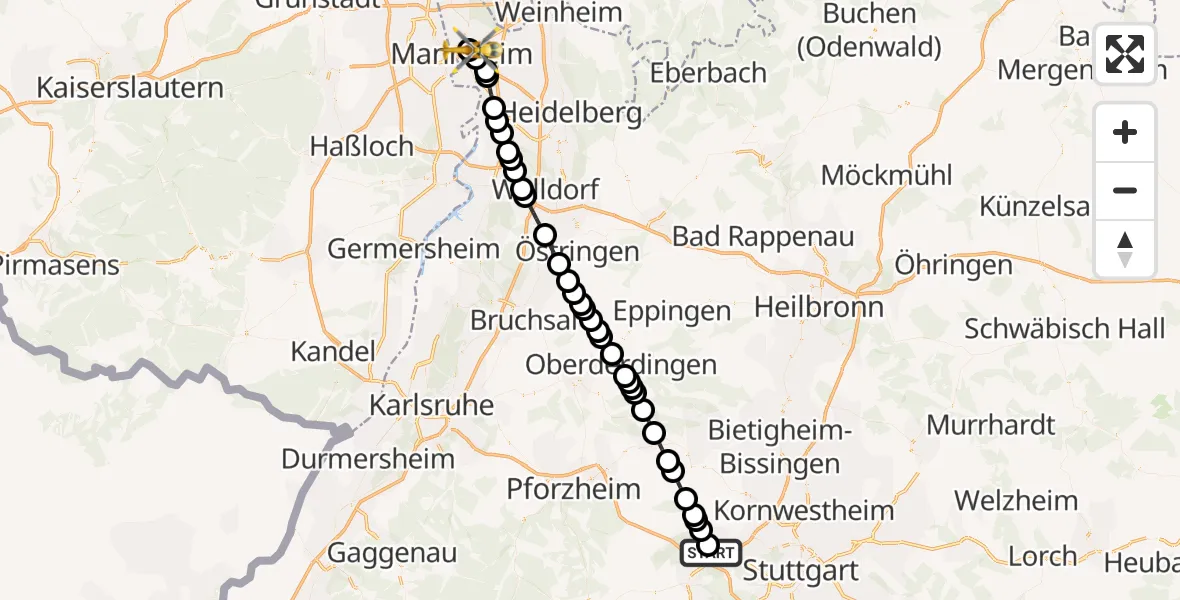 Flugroute Rettungshubschrauber Leonberg - Neckarstadt-Ost/Wohlgelegen, 02 März 2026, 16:09