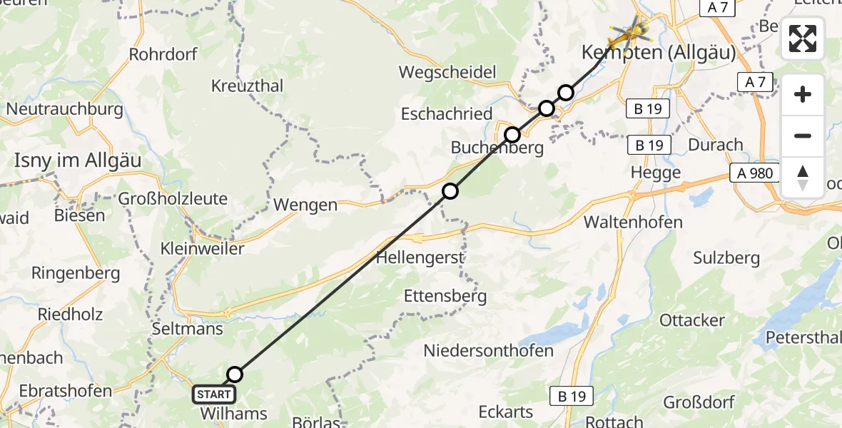 Flugroute Rettungshubschrauber Missen - Kempten (Allgäu), 02 März 2026, 16:15
