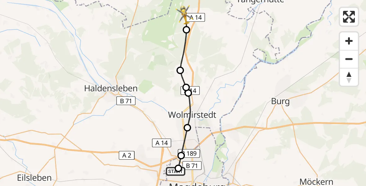 Flugroute Rettungshubschrauber Magdeburg Hospital Heliport - Burgstall, 02 März 2026, 16:34