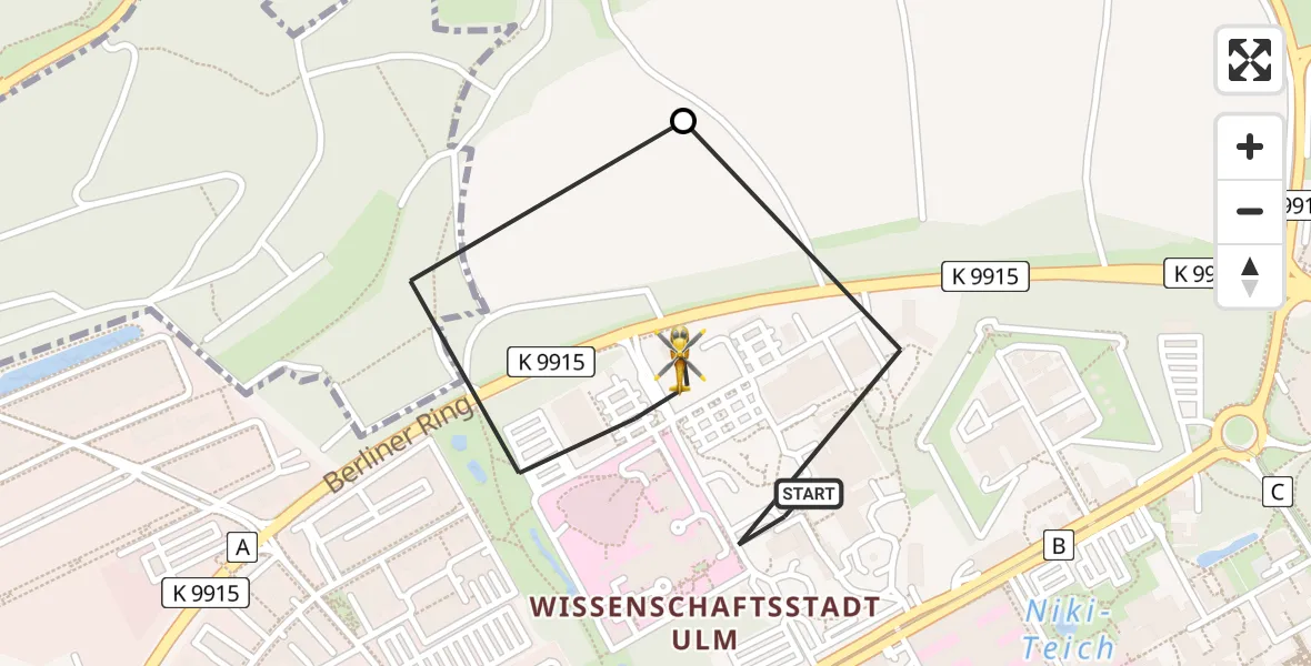 Flugroute Rettungshubschrauber Ulm Military Hospital Emergency Heliport - ADAC Air Rescue Station Ulm (Christoph 22), 02 März 2026, 16:46