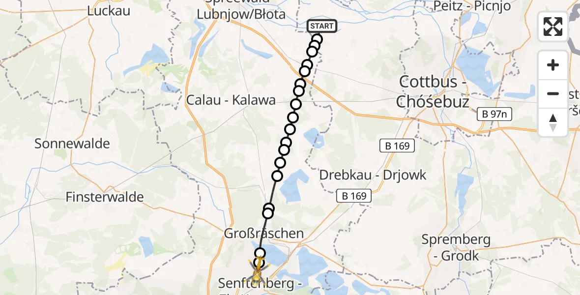 Flugroute Rettungshubschrauber Burg (Spreewald) - Senftenberg, 02 März 2026, 16:46
