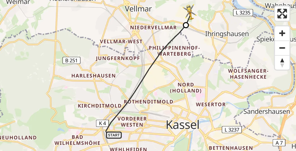 Flugroute Rettungshubschrauber Kassel - Fuldatal Federal Police Heliport, 02 März 2026, 17:00