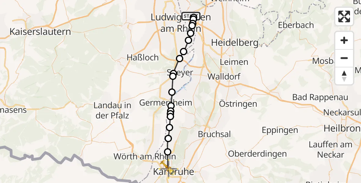 Flugroute Rettungshubschrauber Neckarstadt-Ost/Wohlgelegen - Karlsruhe, 02 März 2026, 17:35