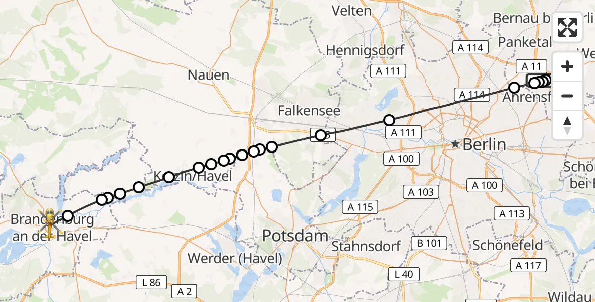 Flugroute Rettungshubschrauber Ahrensfelde Heliport - Brandenburg an der Havel, 02 März 2026, 17:42