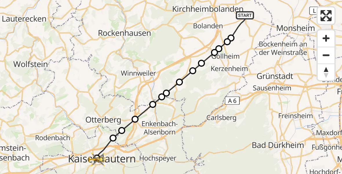 Flugroute Rettungshubschrauber Albisheim (Pfrimm) - Westpfalz Hospital Kaiserslautern Heliport, 02 März 2026, 17:58