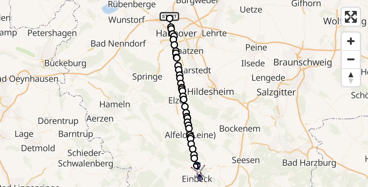 Flugroute Polizeihubschrauber Hannover Airport - Einbeck, 02 März 2026, 18:17