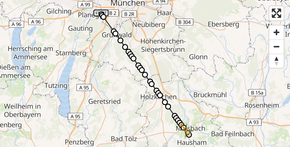 Flugroute Ambulanzhubschrauber DRF Air Rescue München Heliport - Miesbach, 02 März 2026, 18:23