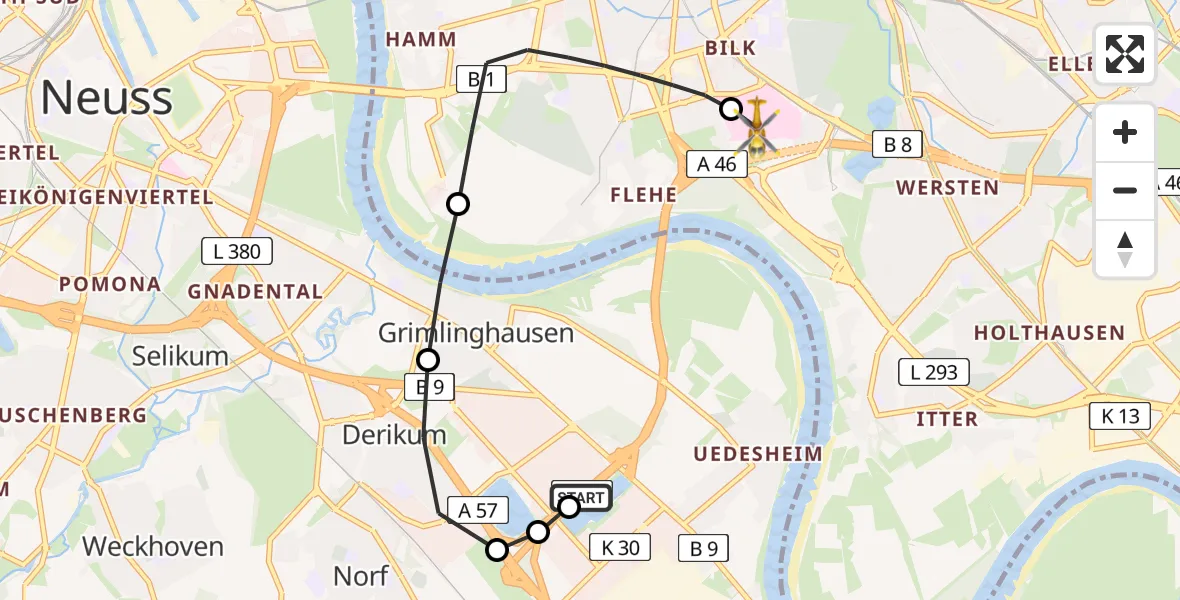 Flugroute Ambulanzhubschrauber Grimlinghausen - Düsseldorf University Hospital Heliport, 02 März 2026, 18:27