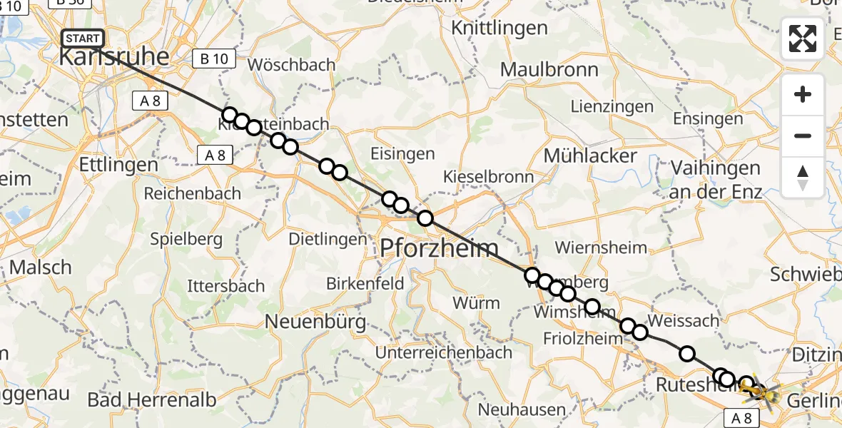 Flugroute Rettungshubschrauber Karlsruhe - Leonberg Hospital Heliport, 02 März 2026, 18:27