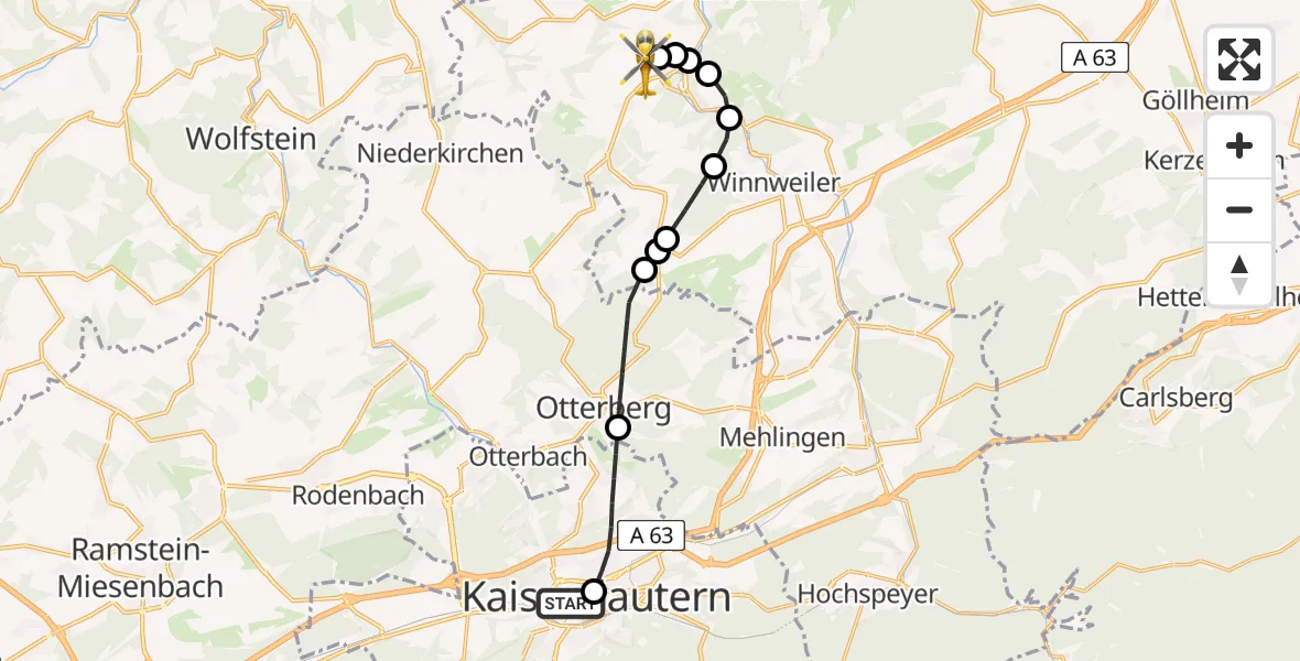 Flugroute Rettungshubschrauber Westpfalz Hospital Kaiserslautern Heliport - Imsweiler UL, 02 März 2026, 18:34
