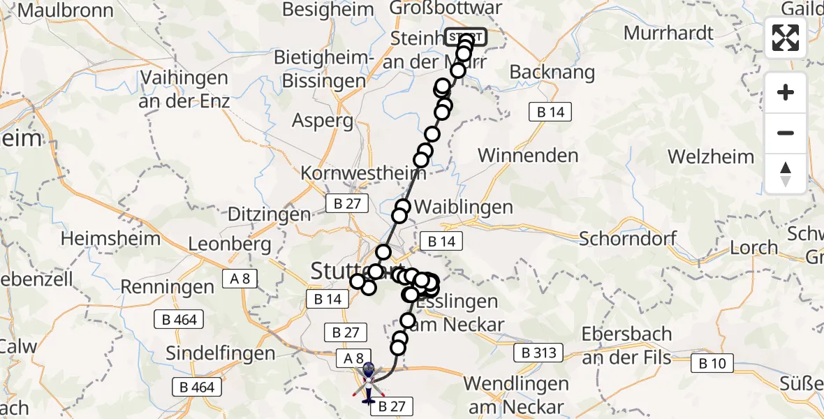 Routekaart van de vlucht: Polizeihubschrauber nach Stuttgart Airport
