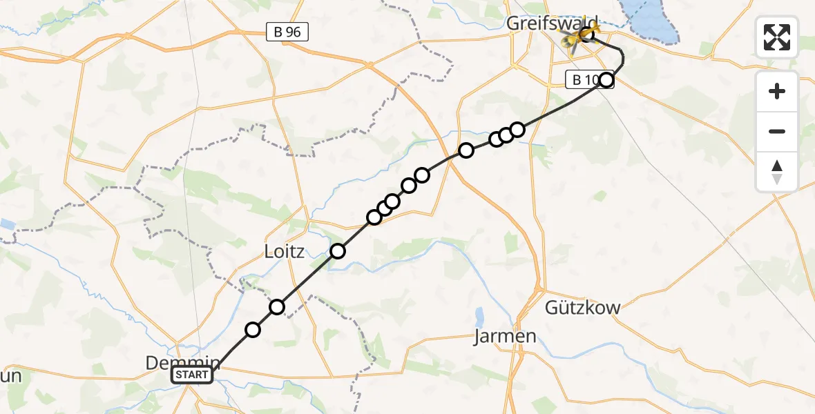 Flugroute Rettungshubschrauber Demmin - Greifswald Hospital Heliport, 02 März 2026, 20:50