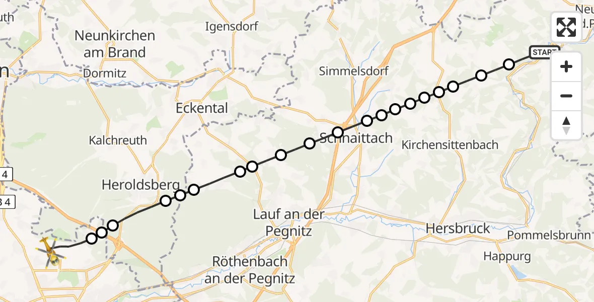 Flugroute Ambulanzhubschrauber Lungsdorf - Nuremberg Airport, 02 März 2026, 20:55
