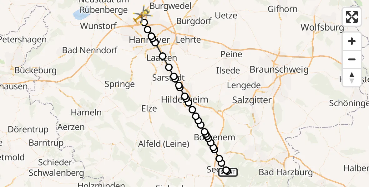 Flugroute Ambulanzhubschrauber Seesen - Hannover Airport, 02 März 2026, 21:19