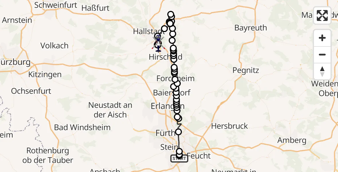 Flugroute Polizeihubschrauber Herpersdorf - Bamberg, 03 März 2026, 00:06