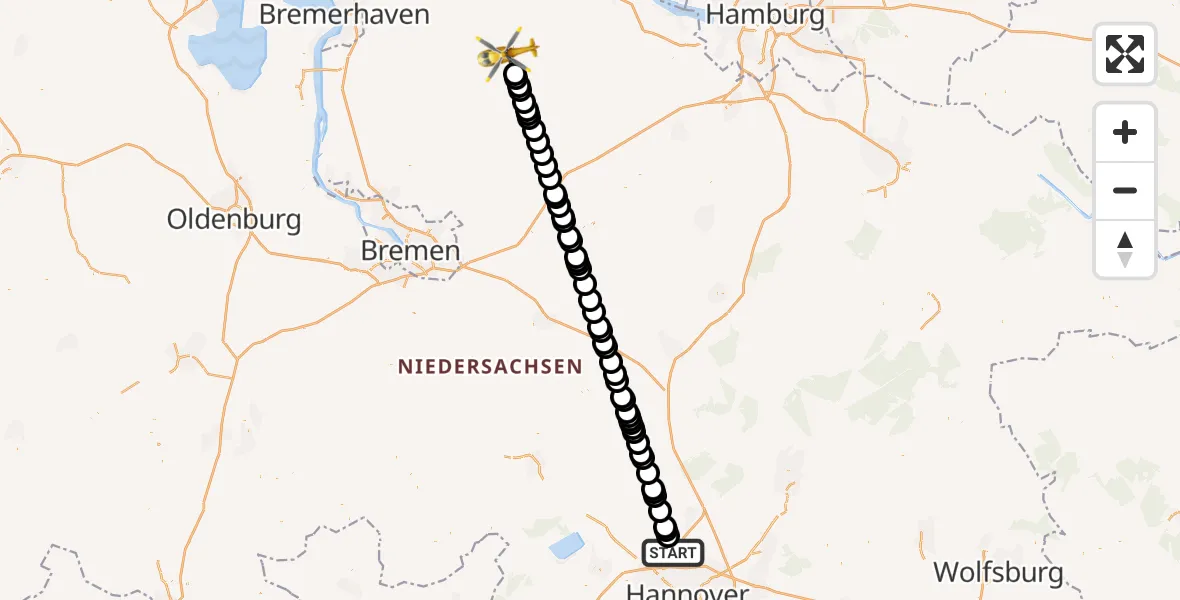 Flugroute Ambulanzhubschrauber Hannover Airport - Bremervörde, 03 März 2026, 02:29