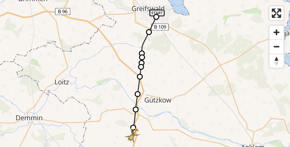 Flugroute Rettungshubschrauber Greifswald Hospital Heliport - Völschow, 03 März 2026, 05:49