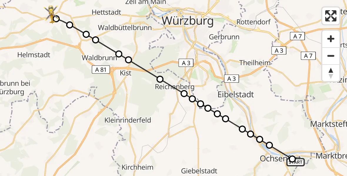 Flugroute Rettungshubschrauber Ochsenfurt Hospital Heliport - Uettingen, 03 März 2026, 06:28