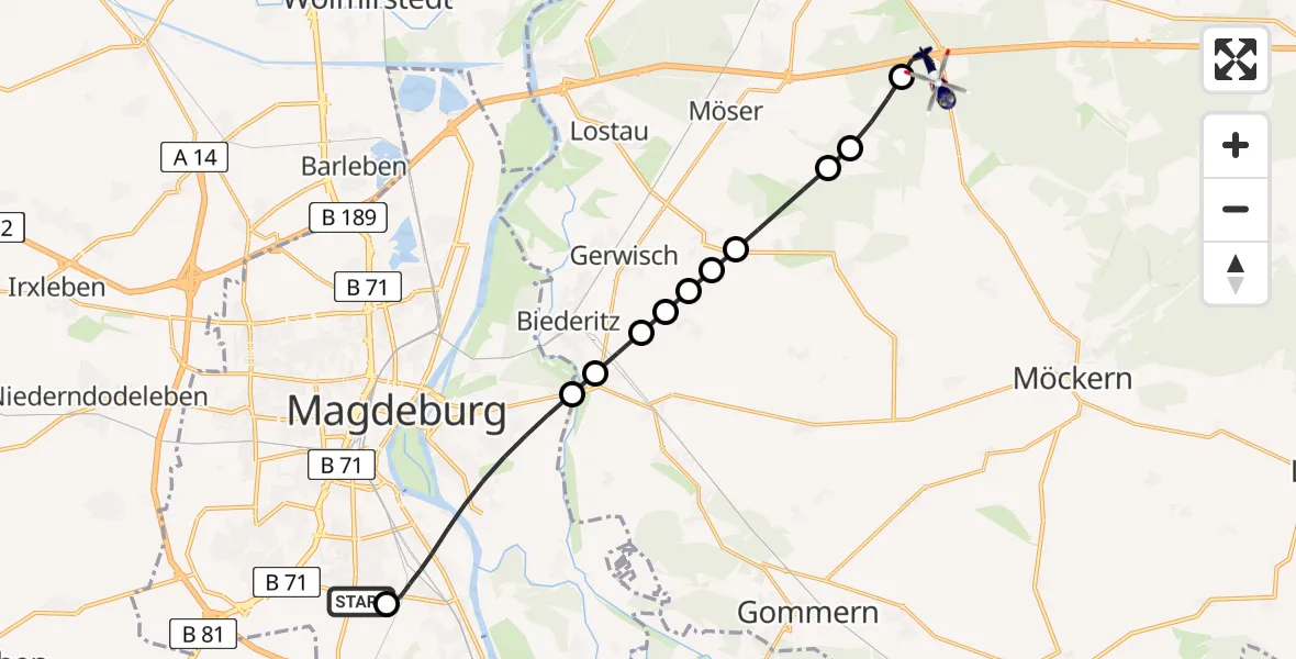 Flugroute Polizeihubschrauber Magdeburg City Airfield - Burg, 03 März 2026, 06:39