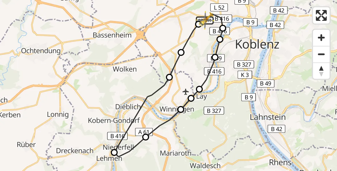 Flugroute Rettungshubschrauber Koblenz - Koblenz, 03 März 2026, 06:55