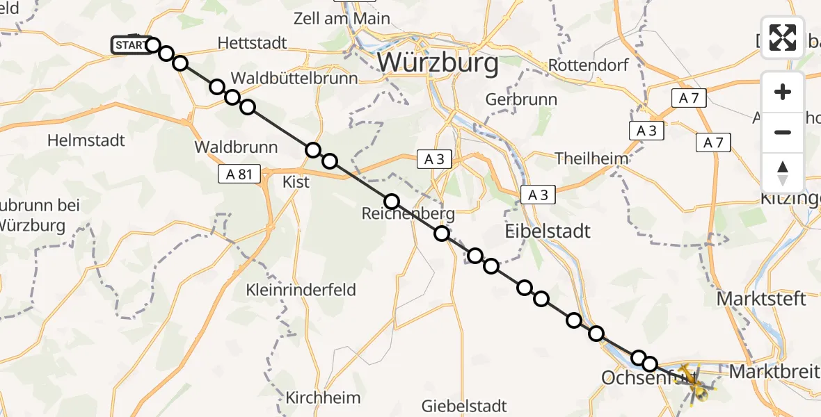 Flugroute Rettungshubschrauber Uettingen - Ochsenfurt Hospital Heliport, 03 März 2026, 06:59