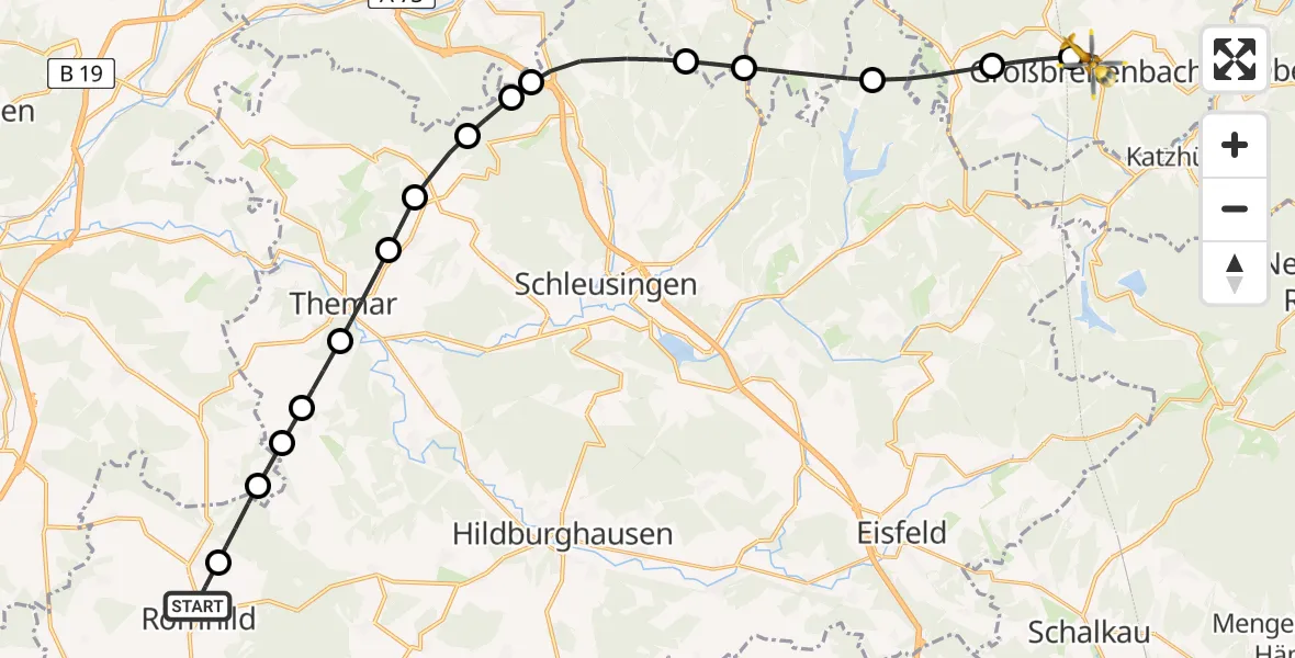 Flugroute Rettungshubschrauber Römhild - Großbreitenbach, 03 März 2026, 07:00