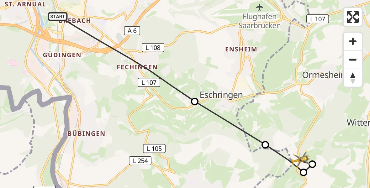 Flugroute Rettungshubschrauber Saarbrücken - Ormesheim, 03 März 2026, 07:02
