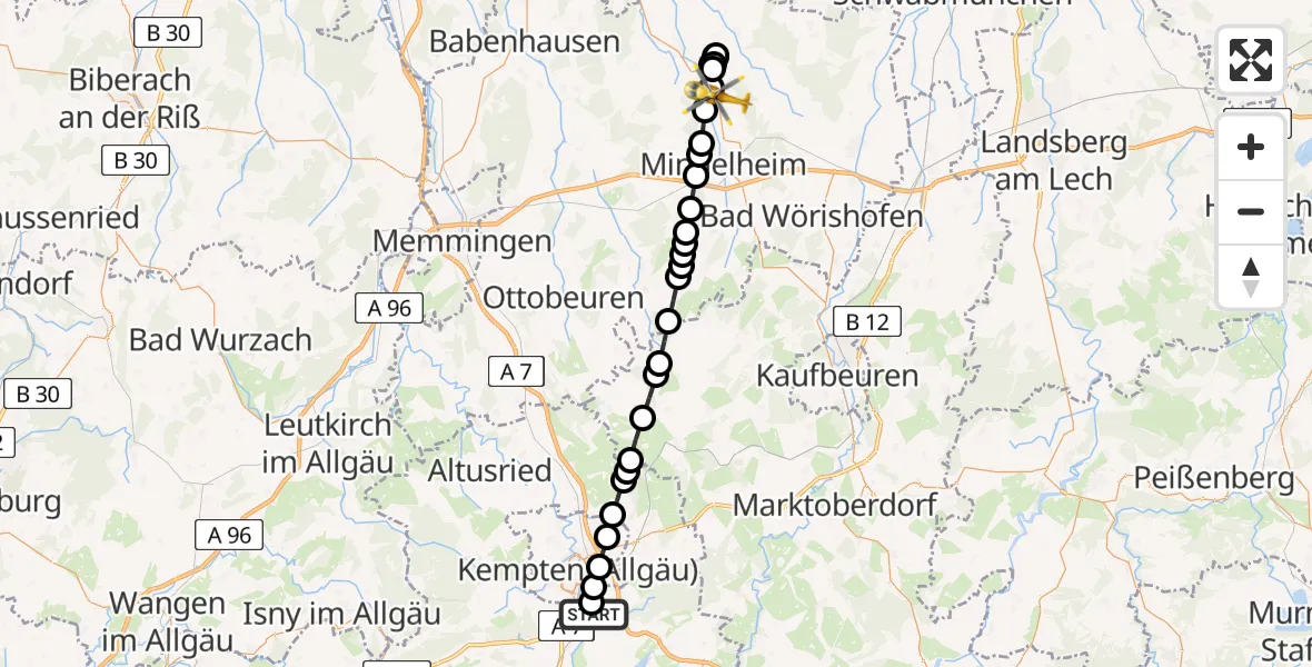 Flugroute Rettungshubschrauber Kempten-Durach Airfield - Hausen, 03 März 2026, 07:14