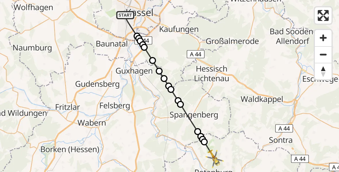 Routekaart van de vlucht: Rettungshubschrauber nach Rotenburg an der Fulda