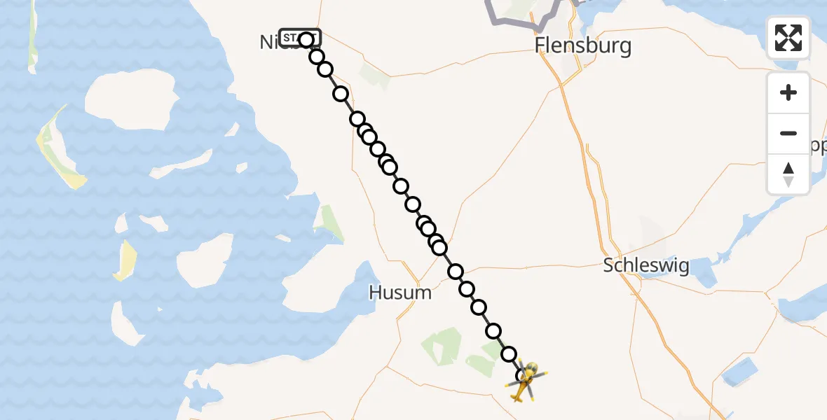 Flugroute Rettungshubschrauber Niebüll - Bergenhusen, 03 März 2026, 07:46