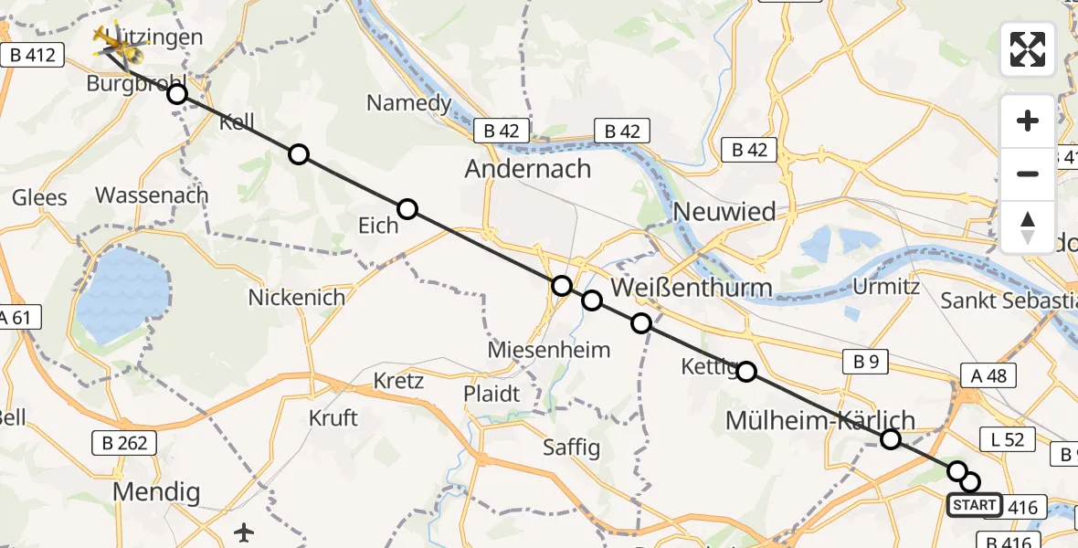 Flugroute Rettungshubschrauber Koblenz - Lützingen, 03 März 2026, 07:54